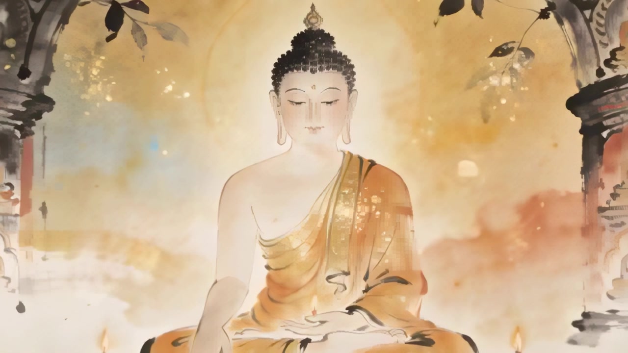 Những đốm sáng lấp lánh quanh tượng Phật ngồi, được tạo ra bởi sự thay đổi ánh sáng dịu nhẹ tại chùa, với áo cà sa màu vàng nghệ.