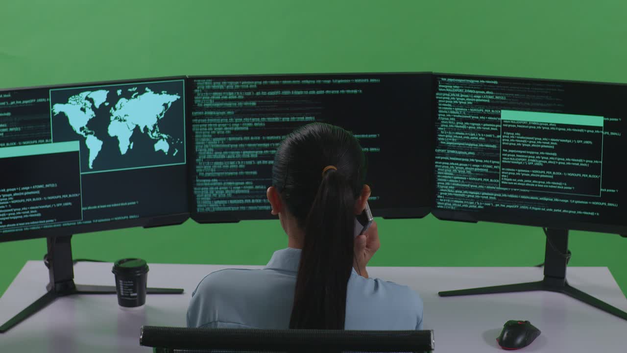 Back View Of Asian Woman Developer Talking On Mobile Phone While Write Code With Multiple Computer Screens In Green Screen Studio