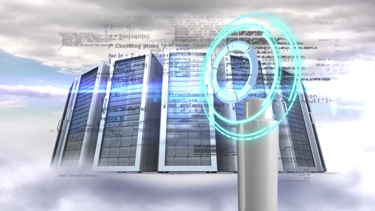 Animation of scope scanning and data processing over cream container and server room