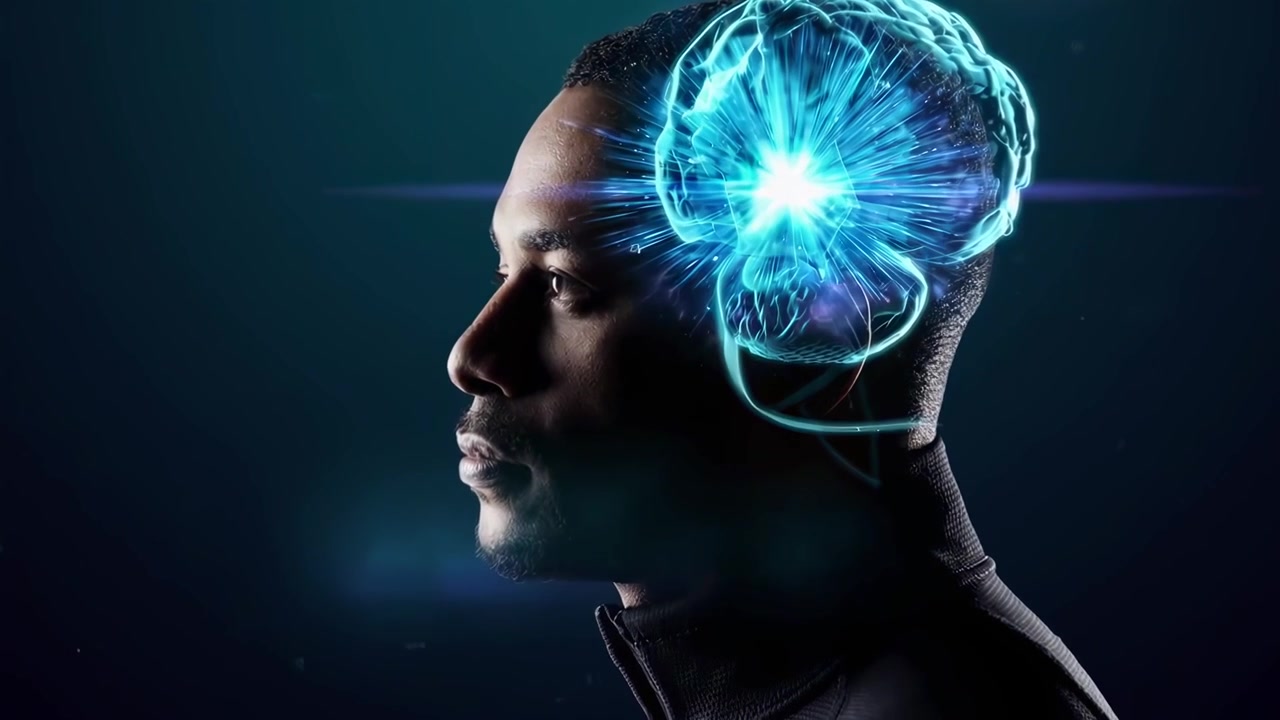 Profilo di Uomo con Cervello Digitale Luminoso Che Rappresenta l'IA e l'Intelligenza