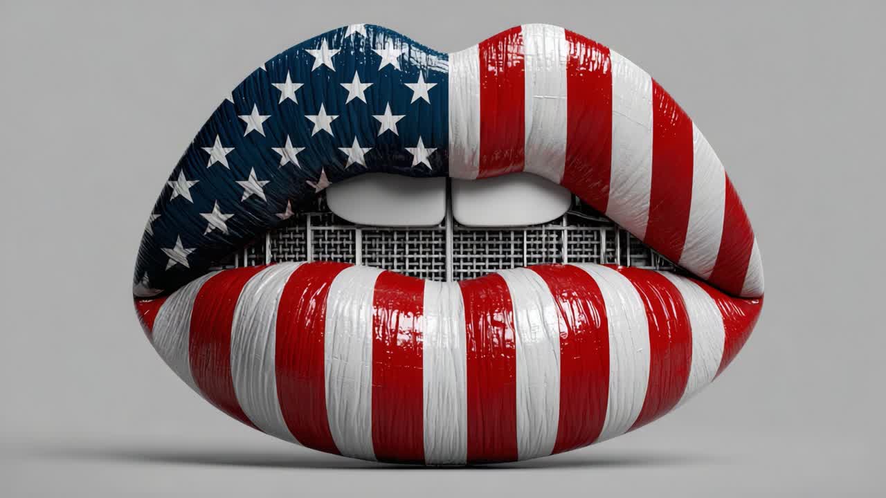 Un'audace rappresentazione del patriottismo: labbra adornate con la bandiera americana, che mostrano espressione artistica e orgoglio nazionale in un formato visivo unico
