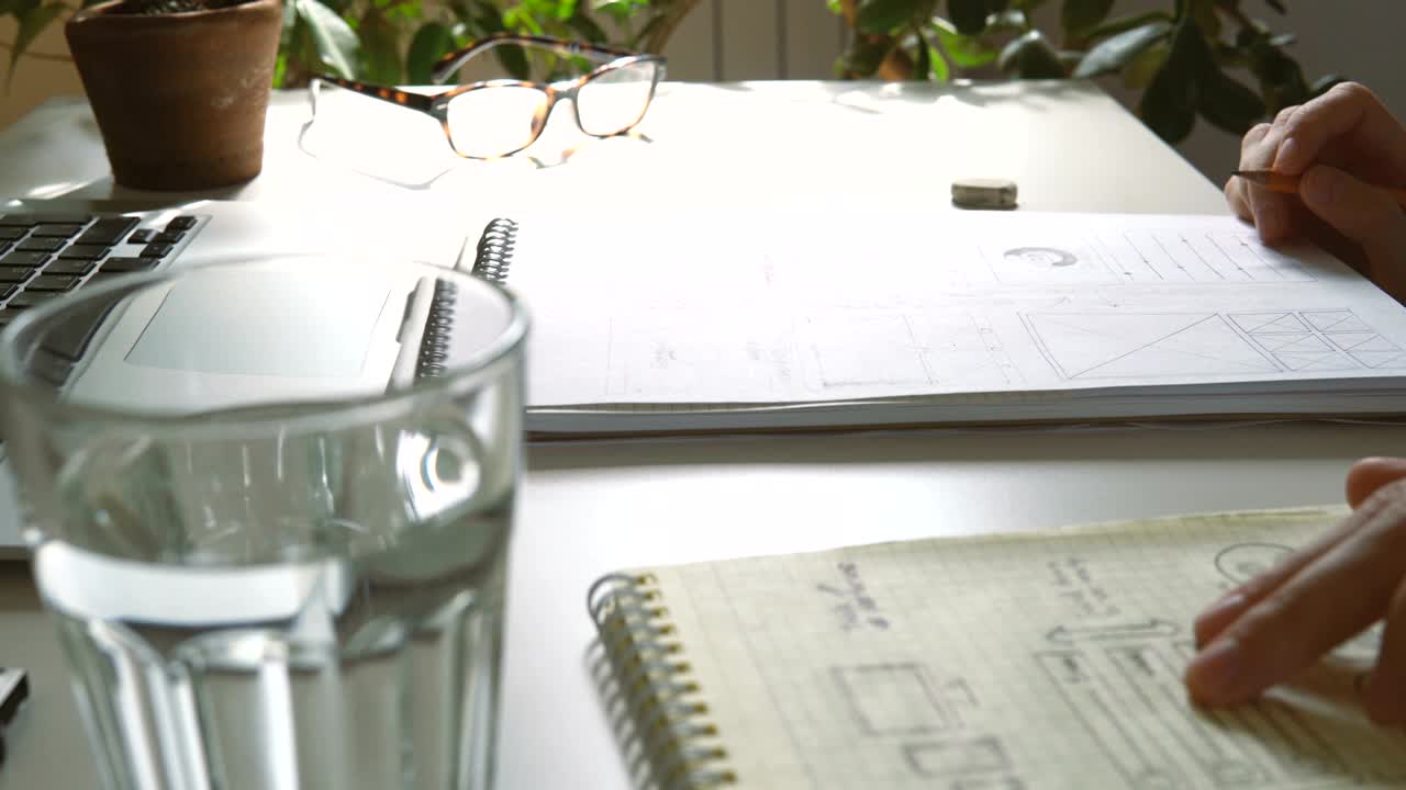 응용 프로그램 개발자는 노트북에 스케치를 그립니다. 홈 오피스에서 원격으로 작동합니다.