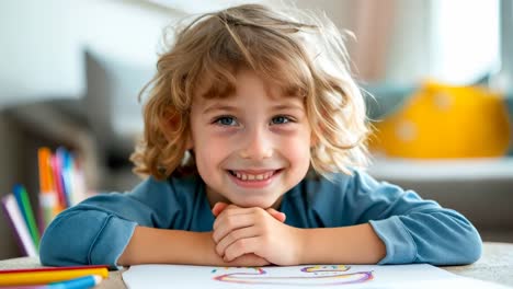 a little boy sitting at a table with a smile on his face
