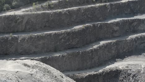 the high terraces of a dusty, gray quarry towering above one single excavator at the bottom