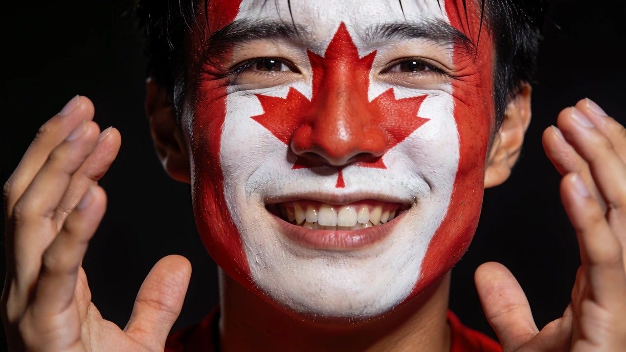 Camera recording fan painted Canadian maple leaf cheering for Canada gesturing in studio red shirt
