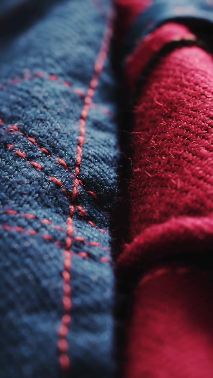 Vertical video: Shifting lens focus showing blue cloth orange seam and red plush on table with lint