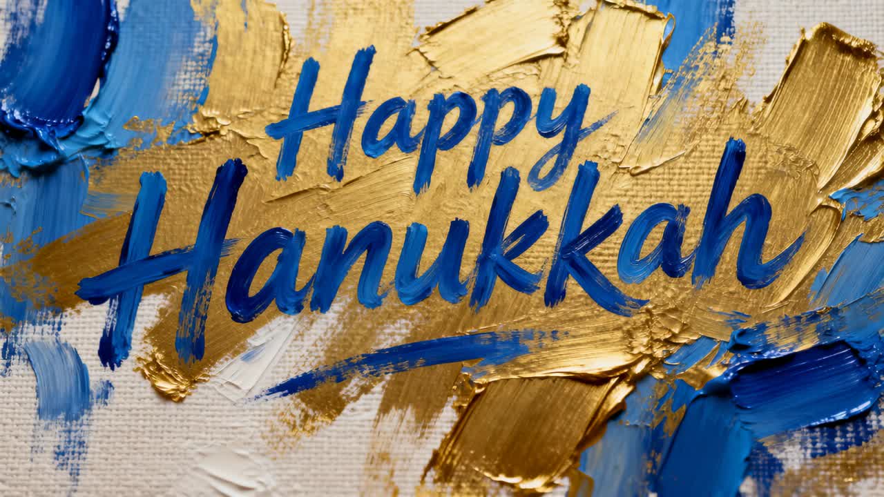 Panning camera moving closer to textured canvas at studio, revealing Happy Hanukkah impasto