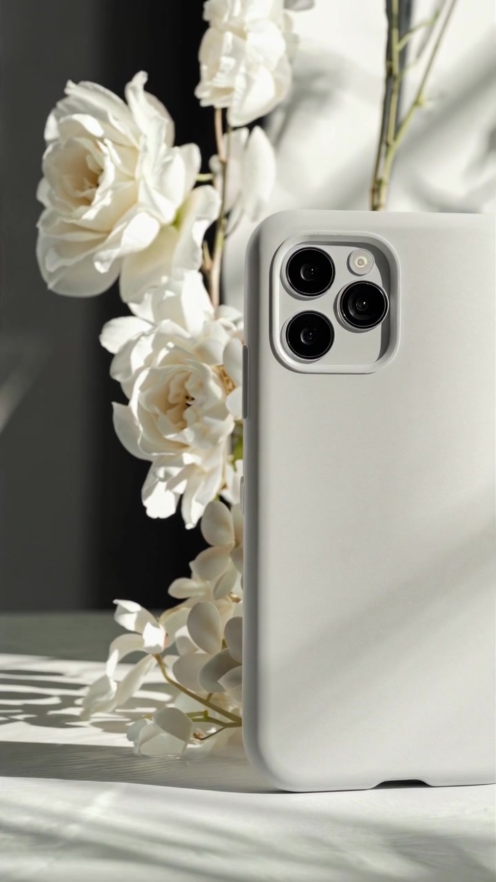Custodia bianca per smartphone accanto a fiori bianchi