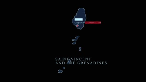 blue stylized saint vincent and the grenadines islands map with kingstown capital city and geographic coordinates on black background