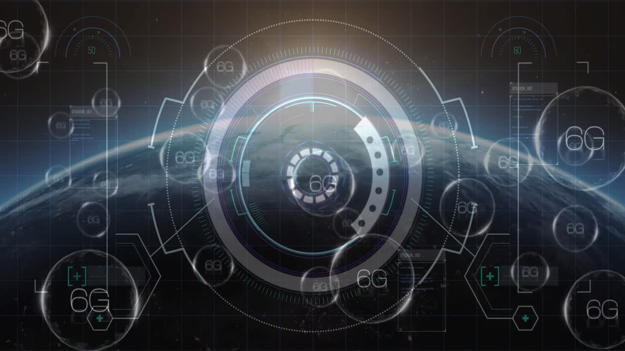 Animation of 6g text, scopes scanning and data processing over digital screen