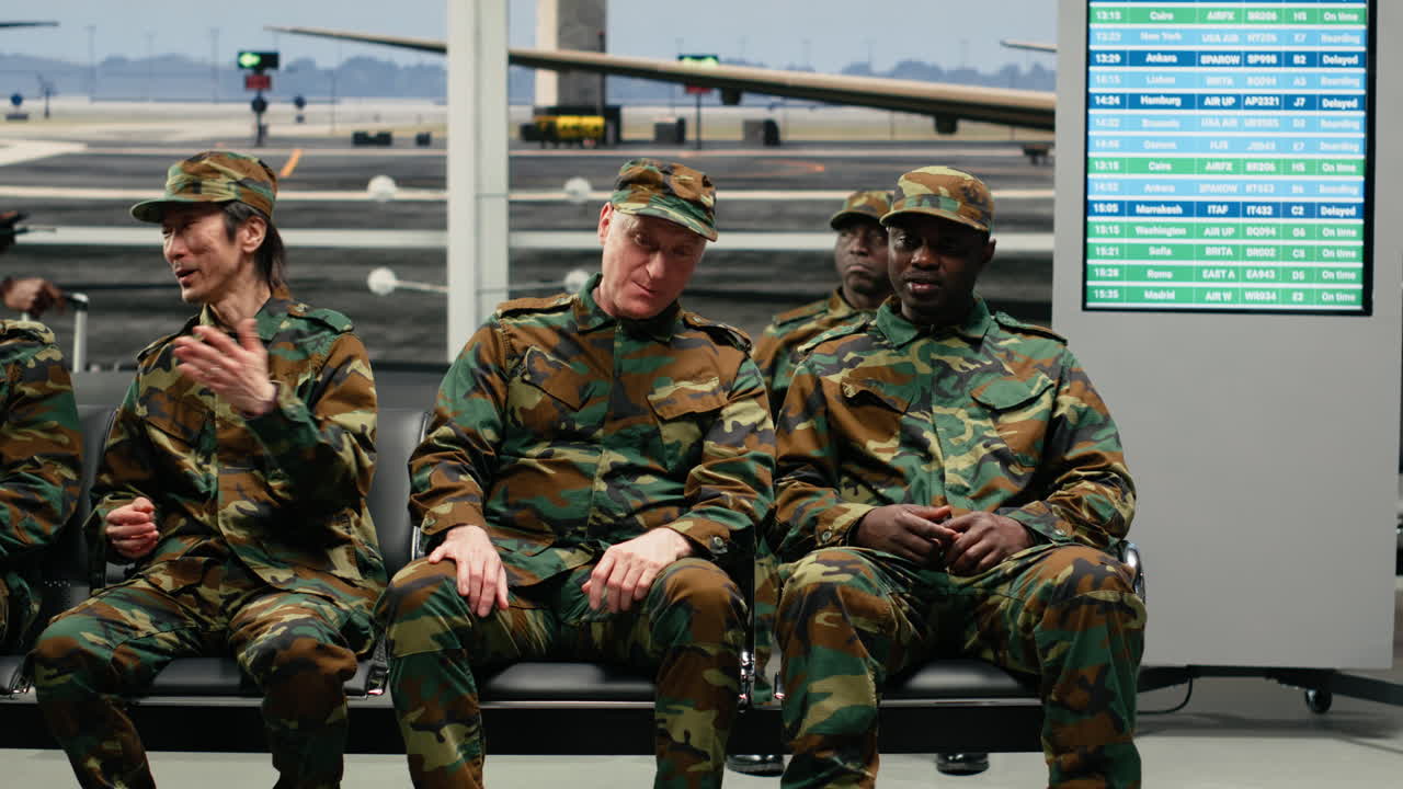 Soldati dell'esercito multietnico seduti su poltrone della lounge dell'aeroporto che chiacchierano