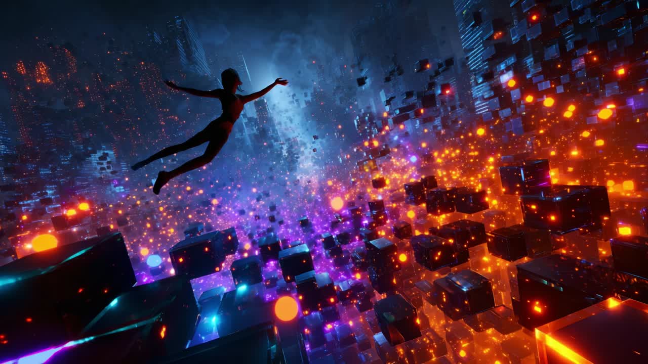 A surreal and captivating journey through a vibrant digital environment filled with floating cubes and pulsating lights, showcasing a figure soaring amidst an explosion of color and energy in a breathtaking visual spectacle