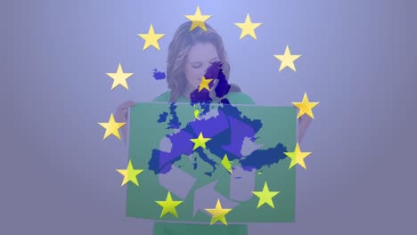 Animation-of-european-union-stars-over-map-and-caucasian-woman-with-recycling-sign