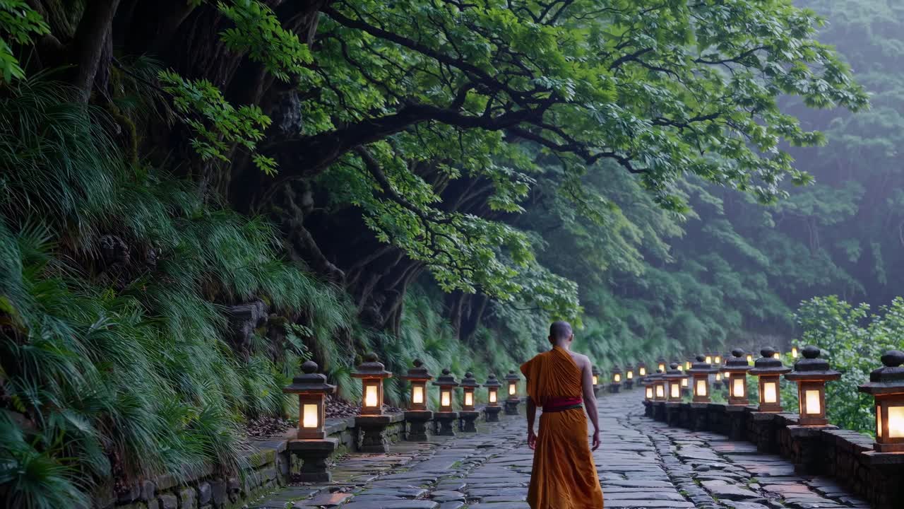 A serene video scene of a monk walking along a lantern-lit stone path in a lush forest