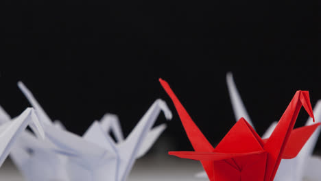 un cisne de origami rojo entre los cisnes de origami blancos