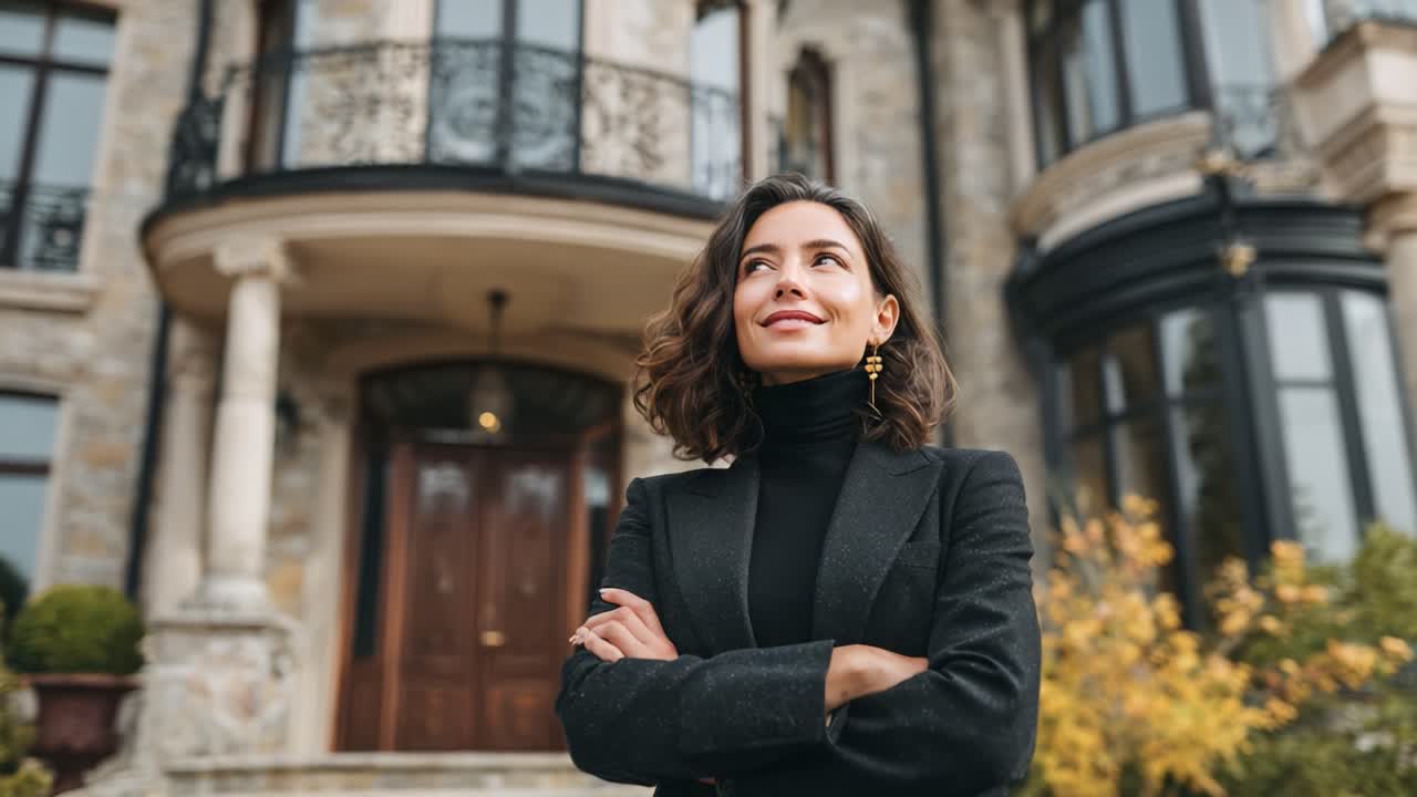 Confident Woman Smiling in Elegant Attire Outside Luxurious Mansion, Exuding Charm and Strength While Posing in Front of Magnificent Architecture