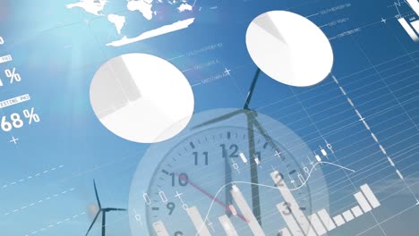 animation of clock, statistics and data processing over wind turbines