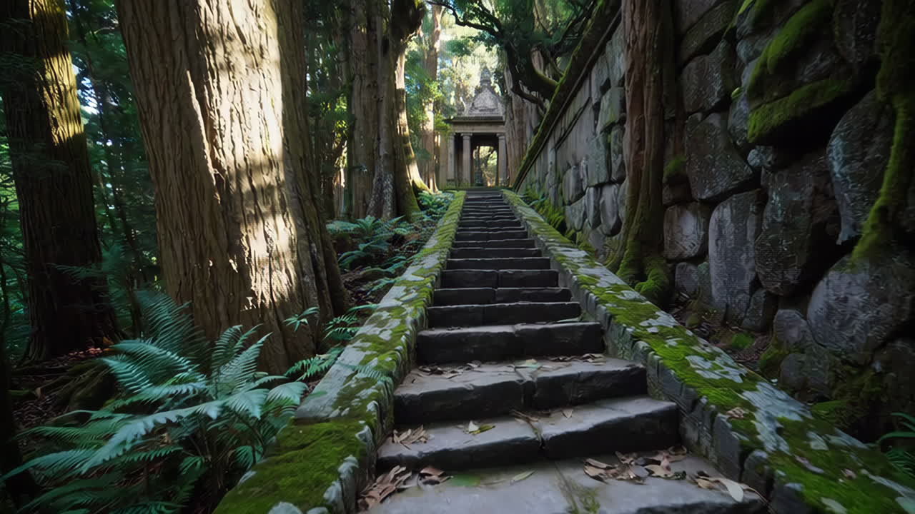 Ancient Stone Steps Leading to a Temple in a Lush Tropical Forest
