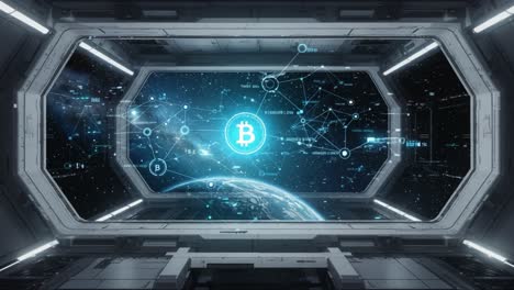 a futuristic space scene featuring bitcoin and interconnected networks within a high-tech spacecraft environment in the vastness of the universe