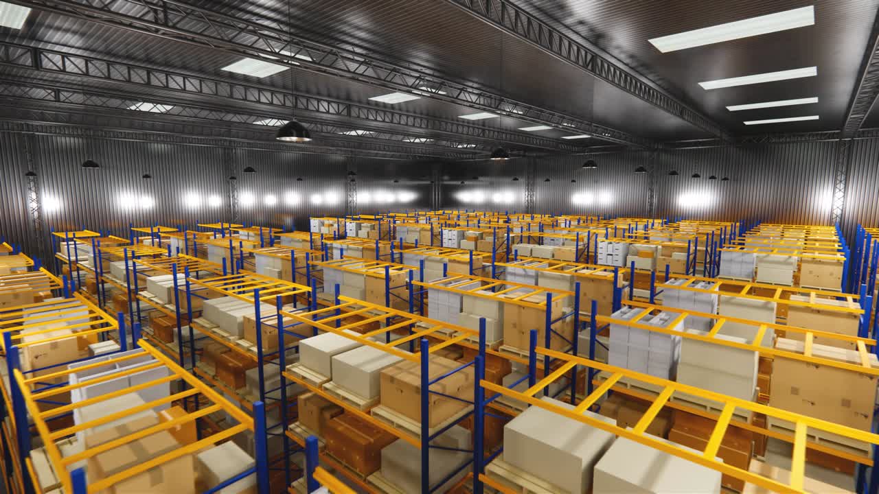 Warehouse with cardboard boxes inside on pallets racks, logistic center. Loft modern warehouse. Cardboard boxes on a conveyor belt in a warehouse, 4K 3D rendering  animation .