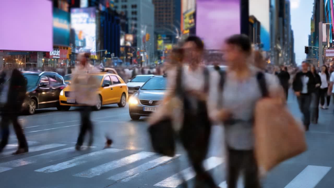 Bustling Urban Intersection: Cars and Pedestrians Navigate Through Crowded City Streets Amidst Bright Lights and a Vibrant Atmosphere in a Dynamic Cityscape