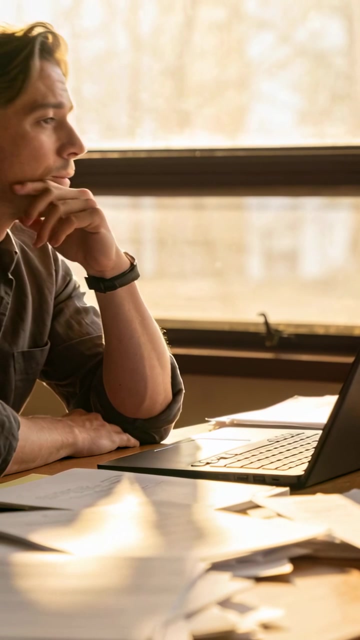 Video verticale: Vedendo il sole sui documenti sulla scrivania, un uomo con le maniche arrotolate sposta lo sguardo dal laptop alla finestra.
