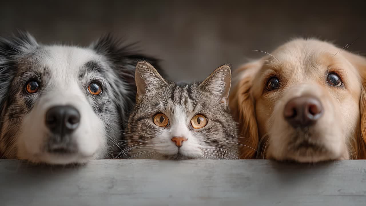 A Heartwarming Trio: A Border Collie, a Domestic Cat, and a Golden Retriever Pause Together with Curious Expressions, Celebrating Their Unique Bond and Friendship