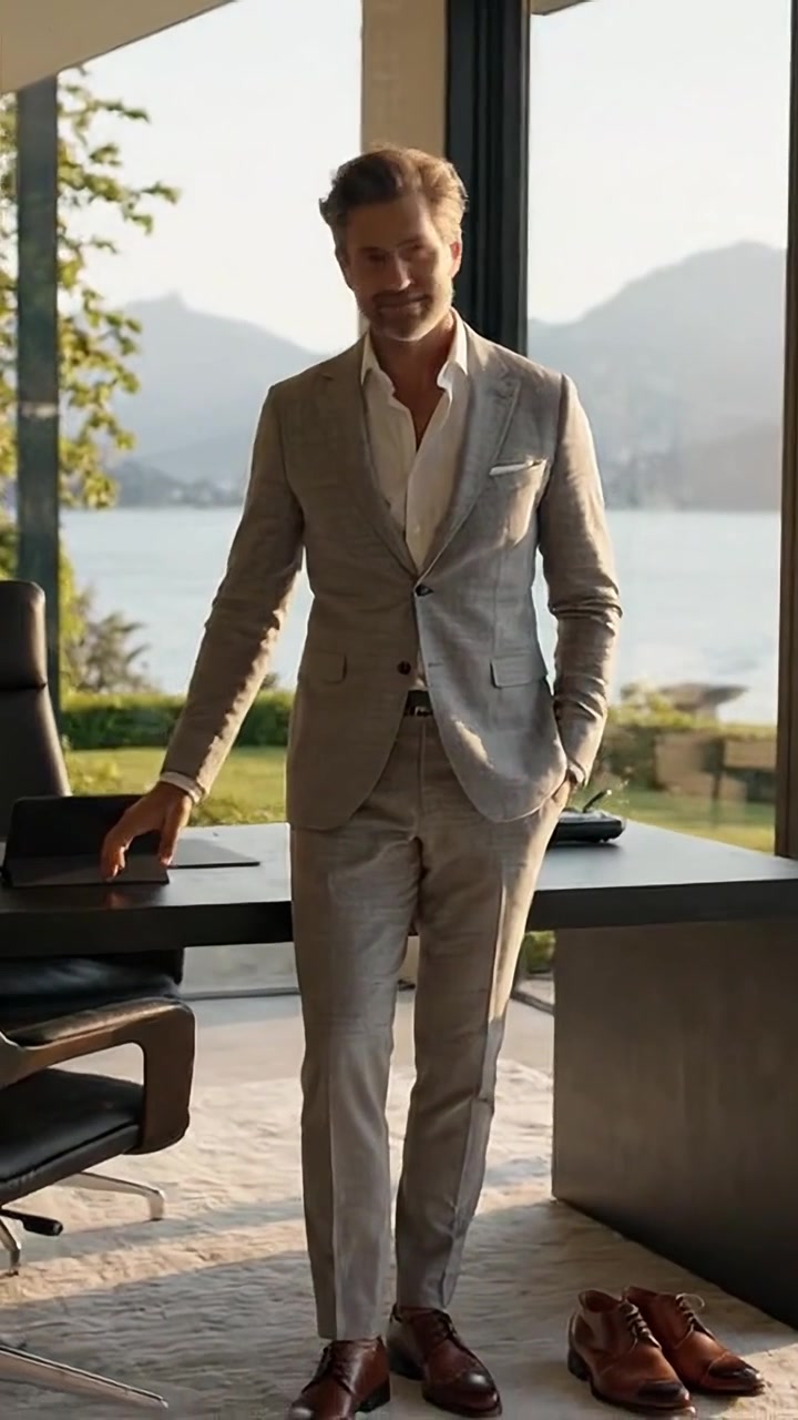L'eleganza incontra la serenità: un uomo elegante in abito sartoriale su una terrazza panoramica che si affaccia sull'acqua e su un paesaggio lussureggiante, armonizzando natura e raffinatezza.
