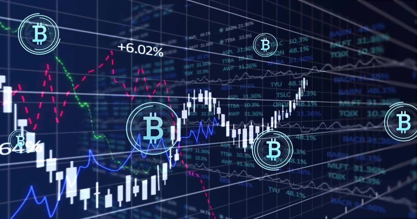 Ao carregar, velas animando em grade 3D, ícones BTC flutuando, câmera panorâmica, ganhos mostrando recuperação