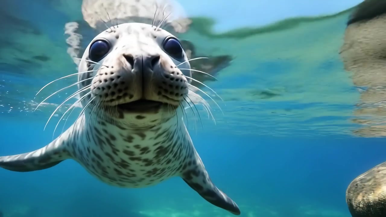 Primo piano di una foca maculata che nuota sott'acqua