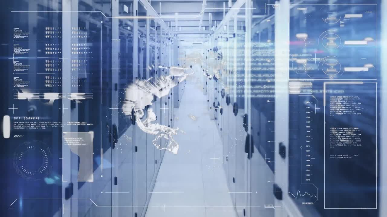 컴퓨터 서버 에 대한 회전 지구를 통해 데이터 처리를 하는 인터페이스의 애니메이션.