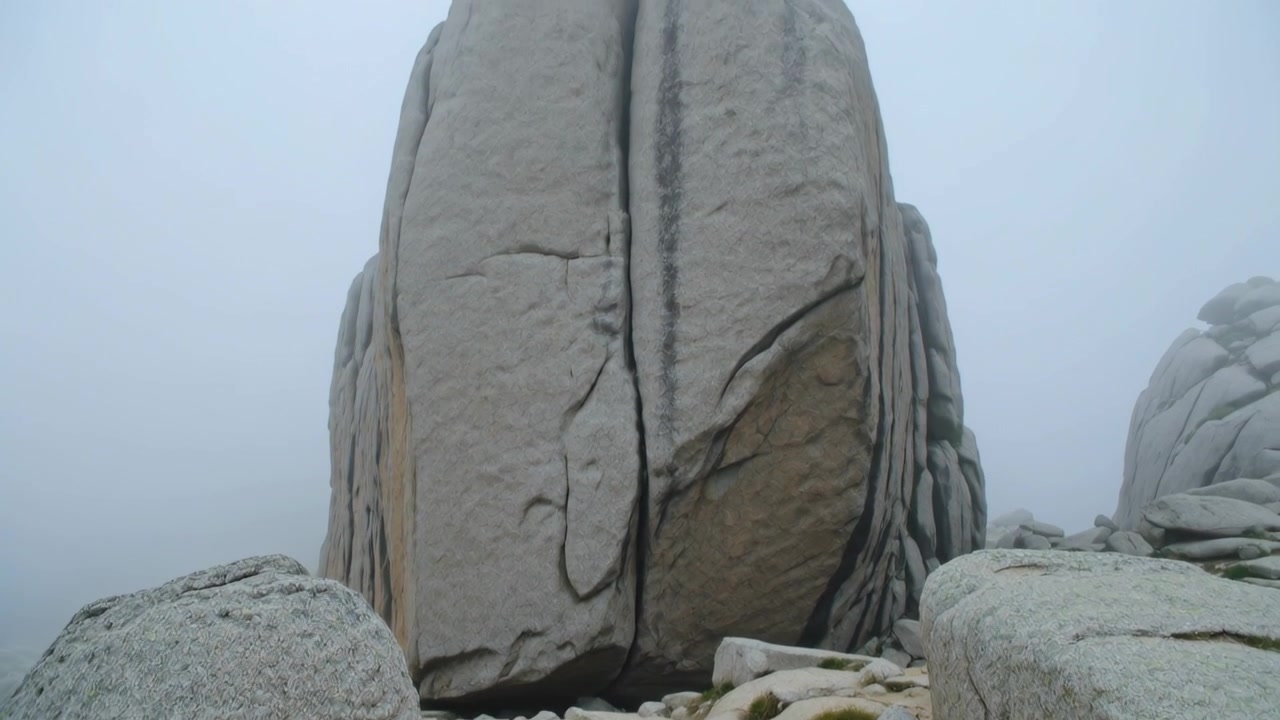 Stigende kamera afslører granitmonolit med central sprække på tåget plateau, flad sti, kampesten