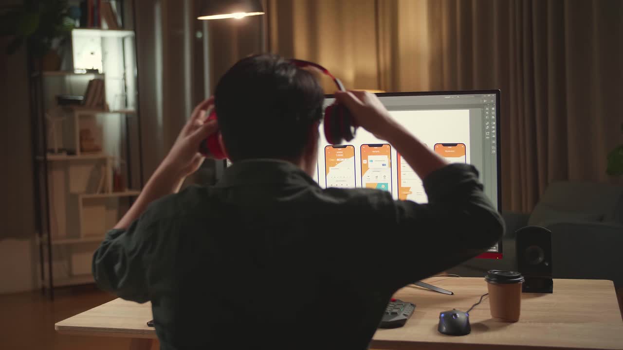 Asian Male Mobile Application Developer Start Works With Graphics On His Personal Computer. He Works Late At Night