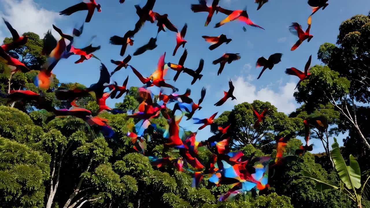 Flock of Colorful Birds in Flight Over a Tropical Forest