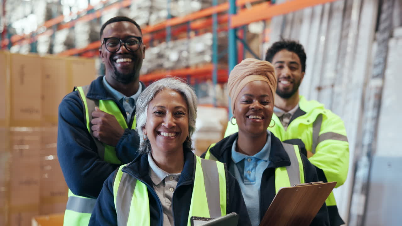 Happy Diverse Warehouse Team Smiling in Industrial Storage Facility