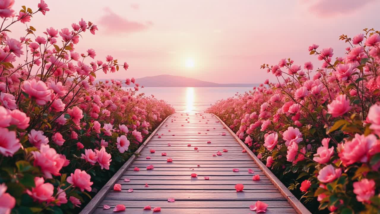Pink Floral Pathway at Sunrise/Sunset Over a Lake