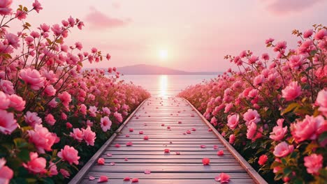 pink floral pathway at sunrise/sunset over a lake
