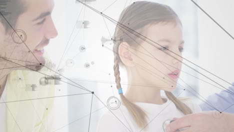 conexiones de red y animación de procesamiento de datos con personas que interactúan en segundo plano