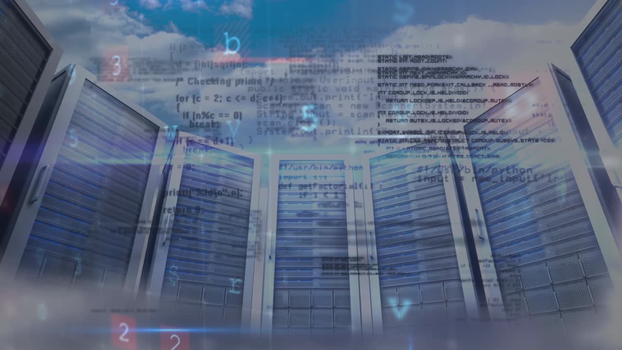 animación de advertencia de ataques cibernéticos y procesamiento de datos en la sala de servidores