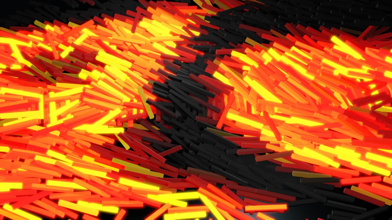 많은 회색 직사각형이 평면에 놓여있고 빨간 오렌지색으로 빛납니다. 전구는 추상적인 크리스마스 꽃받침과 같은 모양을 형성하기 시작합니다. 파도는 막대기를 가로질러 달립니다.