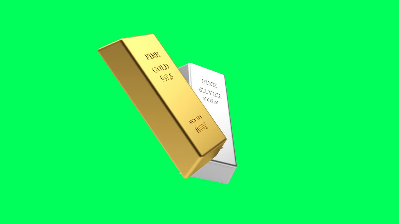 녹색 스크린에서 4k에서 3d 애니메이션에서 금과 은 막대기