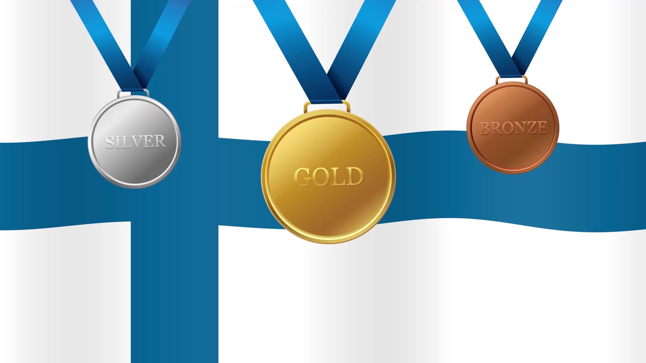 Medaglie sportive d'oro, d'argento e di bronzo cadono su una bandiera finlandese che sventola in un ciclo continuo