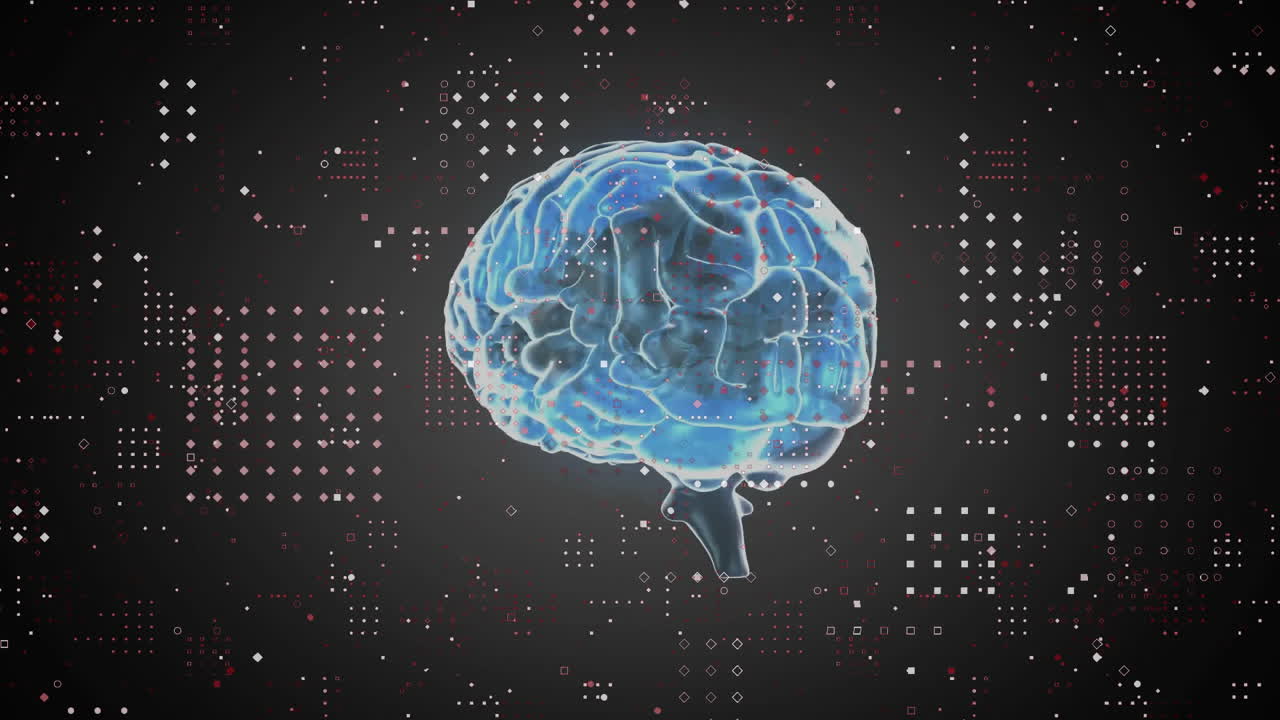 Animation of digital data processing over brain on dark background