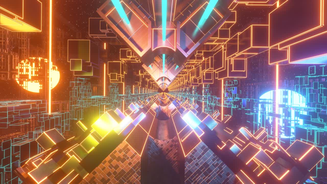 vj sfondo astratto geometrico senza cuciture nello spazio. design al neon luminoso.