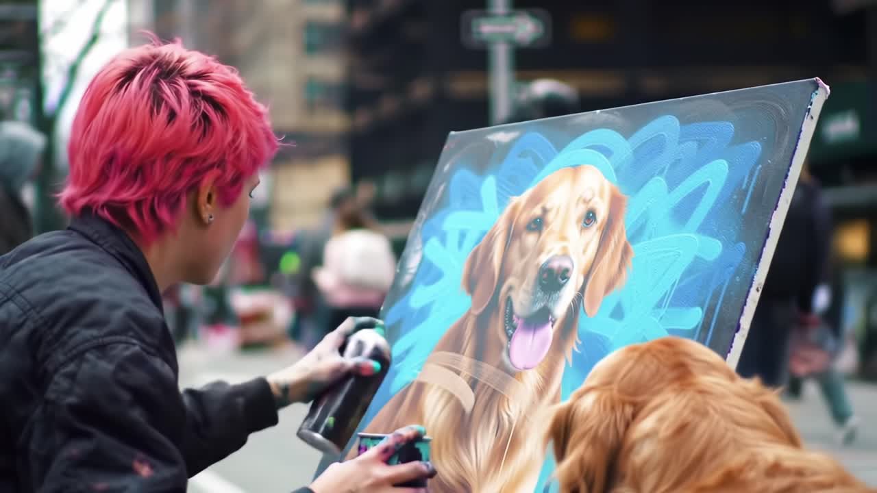 A Creative Artist Captures the Essence of a Golden Retriever Through Vibrant Street Art While Their Canine Companion Observes in a Bustling Urban Environment