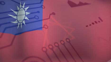 animation of computer circuit board with data processing and flag of taiwan