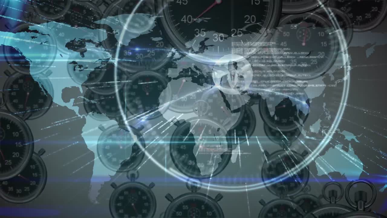 데이터 처리 및 세계 지도의 애니메이션은 여러 시계에 걸쳐 빠르게 움직입니다.