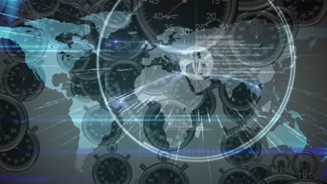 animación del procesamiento de datos y el mapa del mundo en múltiples relojes que se mueven rápidamente