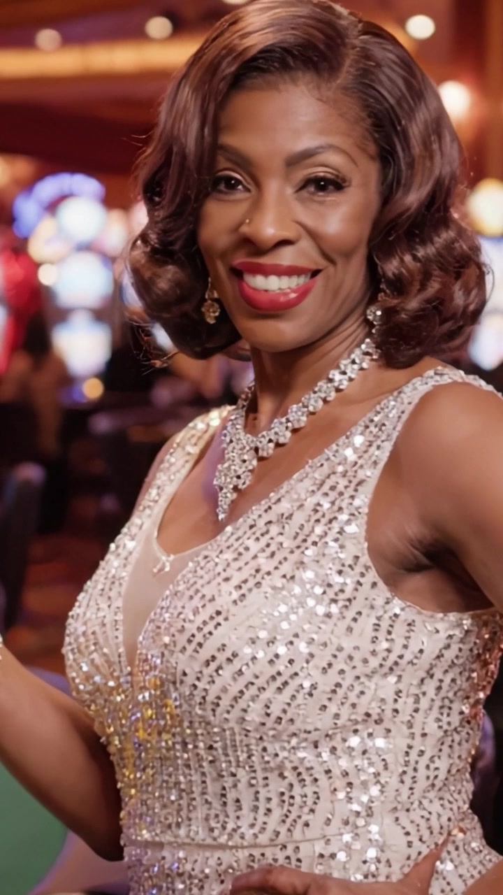 Donna elegante in abito glamour che sorride con sicurezza al casinò, circondata da slot machine colorate e un'atmosfera vivace.