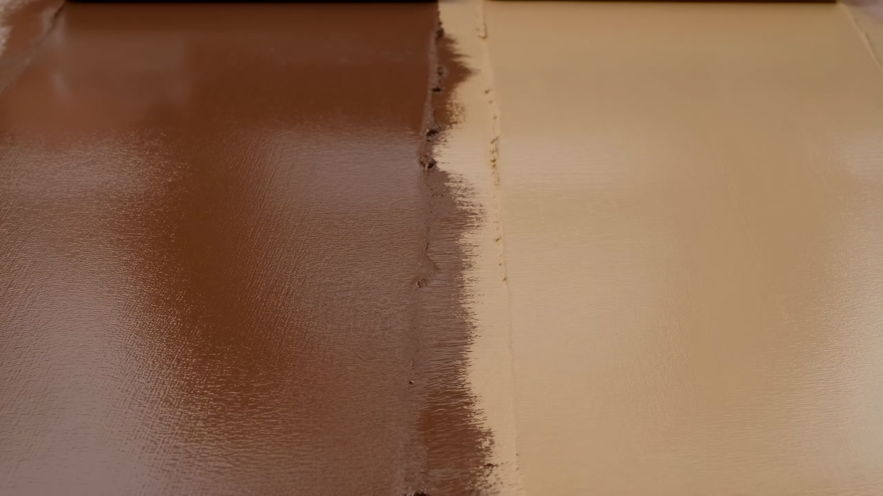 Two Paint Rollers Applying Brown Paint Alongside Beige Stripe On Smooth Floor, Wet Gloss Finish Revealing